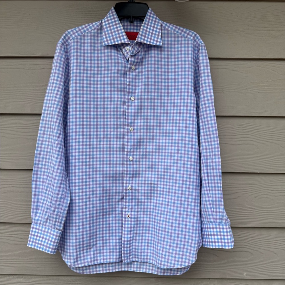 ISAIA Purple, Blue, White Plaid Dress Shirt.